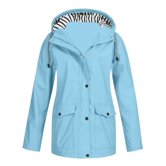cocolona Womens Plus Size Rain Jacket Outdoor Long Sleeve Zipper Drawstring Hooded Raincoat Winter Windproof Coat Outwear