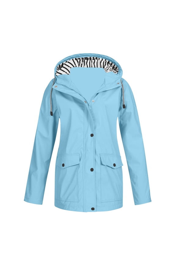 Womens Plus Size Rain Jacket Outdoor Long Sleeve Zipper Drawstring Hooded Raincoat Winter Windproof Coat Outwear