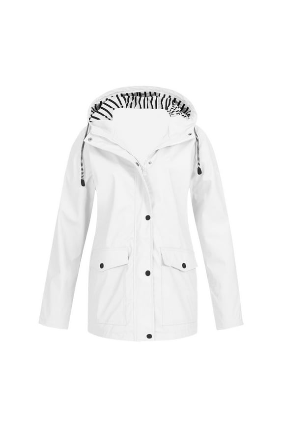 Womens Plus Size Rain Jacket Outdoor Long Sleeve Zipper Drawstring Hooded Raincoat Winter Windproof Coat Outwear