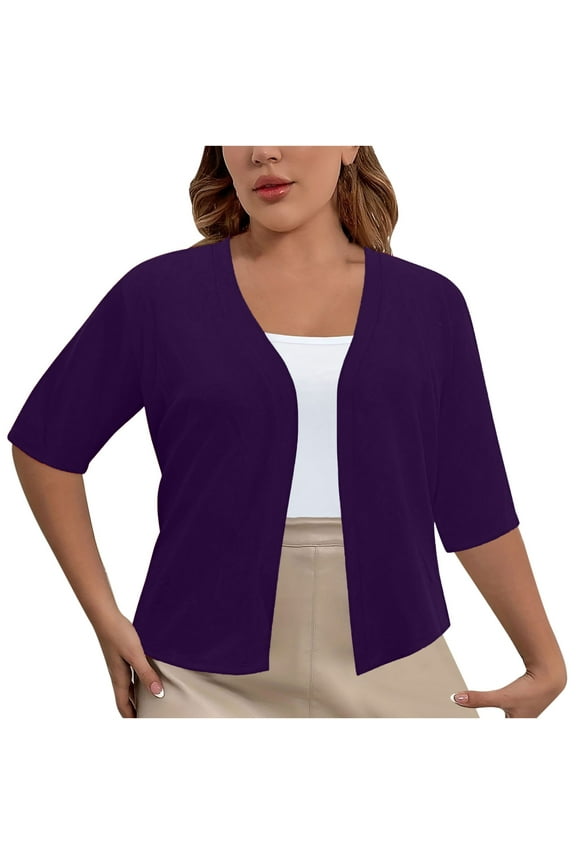 Womens Plus Size Short Sleeve Cardigan Tops Lightweight Open Front Cropped Cardigan Casual Solid Color Coat