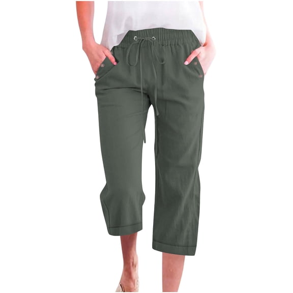 cocolona Womens Plus Size Summer Cotton Linen Capri Pants Elastic Waist Drawstring Straight Work Pants Casual Loose Holiday Beach Trousers