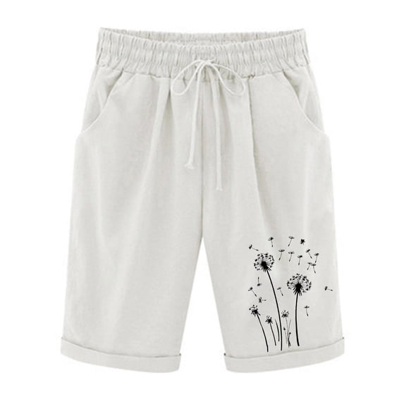 cocolona Womens Plus Size Summer Cotton Linen Shorts Elastic Waist Drawstring Floral Print Lounge Shorts Beach Casual Shorts