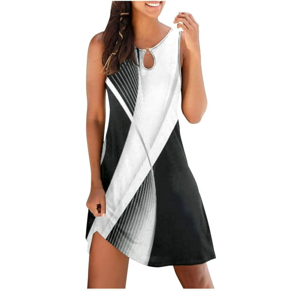 cocolona Womens Plus Size Summer Dress Fashion Crew Neck Sleeveless Tank Dress Casual Color Block Mini Dress Beach Holiday Sundress