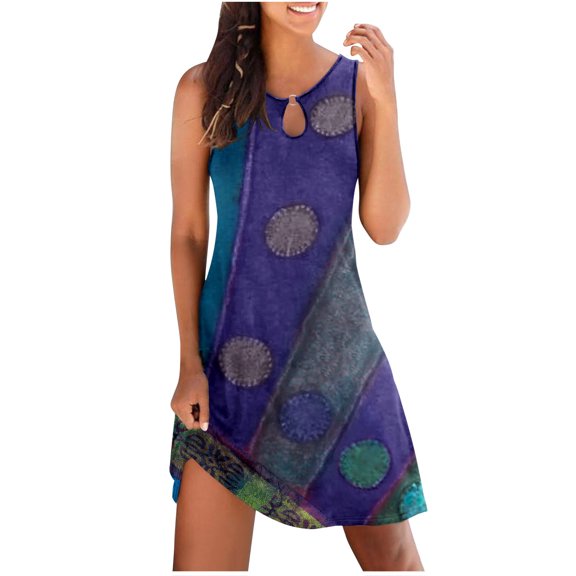 cocolona Womens Plus Size Summer Dress Fashion Crew Neck Sleeveless Tank Dress Casual Vintage Print Mini Dress Beach Holiday Sundress