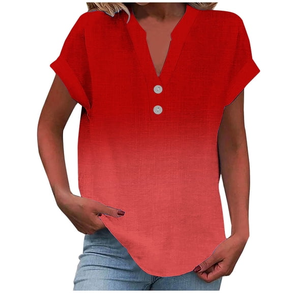 cocolona Womens Plus Size Summer Linen Shirts Fashion Button V Neck Short Sleeve Tops Casual Loose Gradient Color T-shirts Blouse