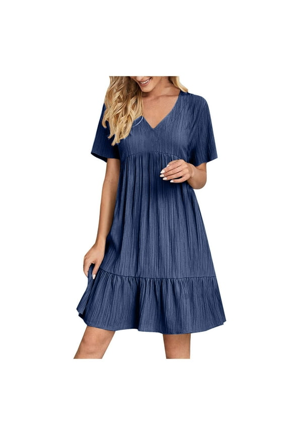 Womens Plus Size Summer Mini Dress 2025 V Neck Short Sleeve Ruffle Flowy Sun Dress Casual Solid Beach A Line Dress