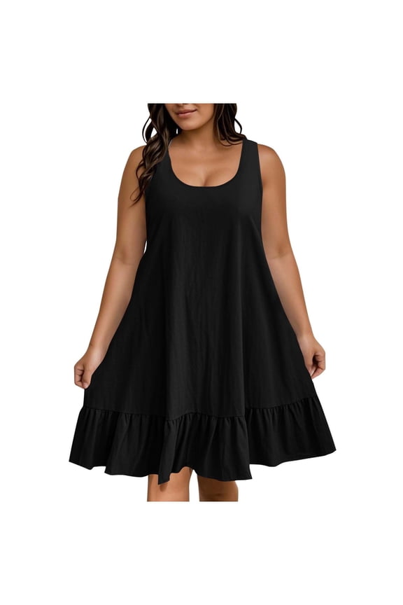 Womens Plus Size Summer Mini Dress Sleeveless Ruffle Flowy Sun Dress Casual Solid Loose Beach Crew Neck Tank Dress
