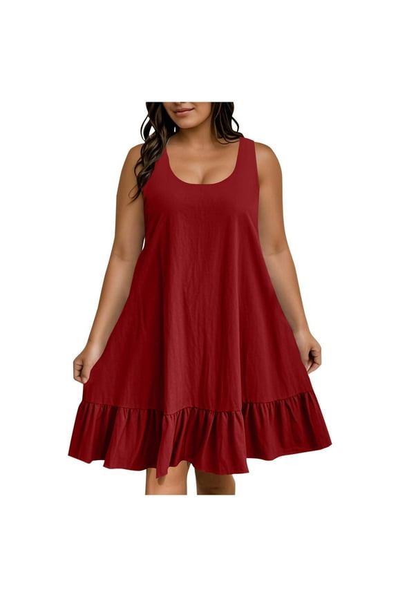 Womens Plus Size Summer Mini Dress Sleeveless Ruffle Flowy Sun Dress Casual Solid Loose Beach Crew Neck Tank Dress
