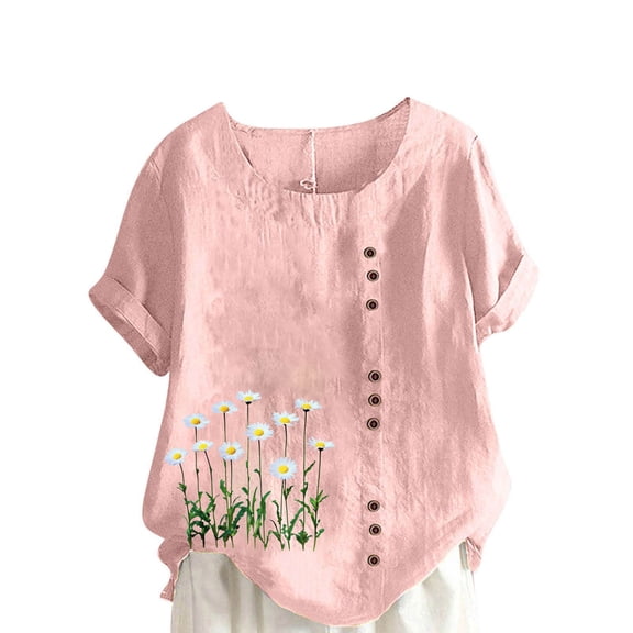 cocolona Womens Plus Size Summer Tops Button Crew Neck Short Sleeve T-shirts Fashion Casual Loose Floral Print Blouse