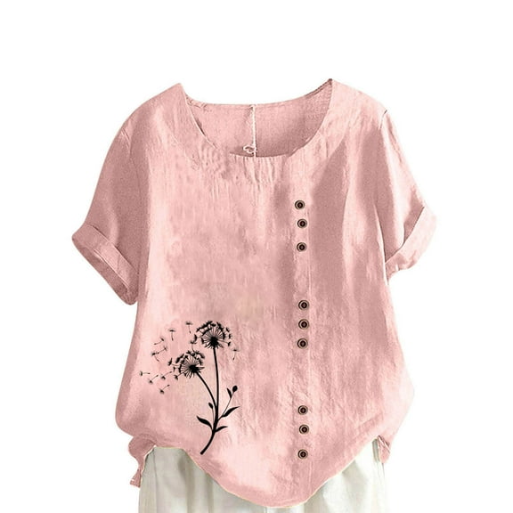cocolona Womens Plus Size Summer Tops Button Crew Neck Short Sleeve T-shirts Fashion Casual Loose Floral Print Blouse