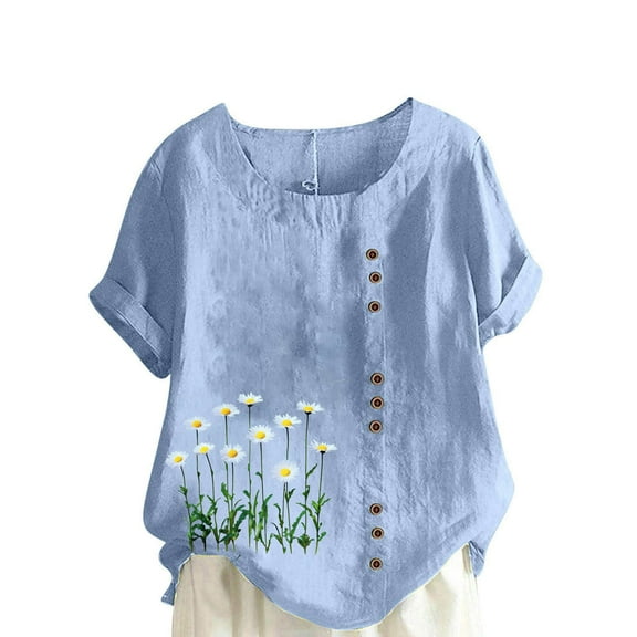 cocolona Womens Plus Size Summer Tops Button Crew Neck Short Sleeve T-shirts Fashion Casual Loose Floral Print Blouse