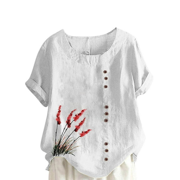 cocolona Womens Plus Size Summer Tops Button Crew Neck Short Sleeve T-shirts Fashion Casual Loose Floral Print Blouse