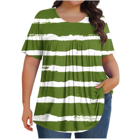 cocolona Womens Plus Size Summer Tops Crew Neck Short Sleeve Front Pleated T-shirts Casual Loose Stripe Print Tees Blouse
