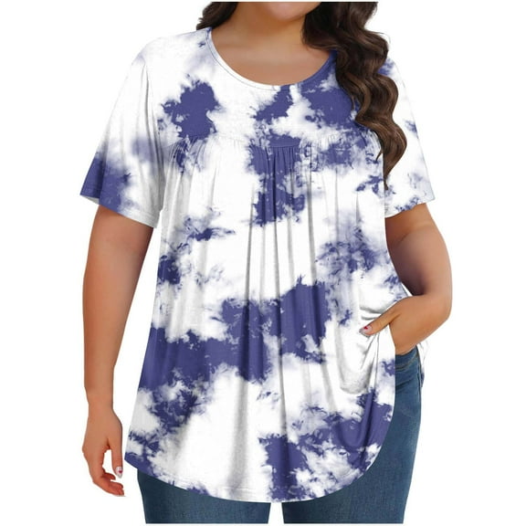 cocolona Womens Plus Size Summer Tops Crew Neck Short Sleeve Front Pleated T-shirts Casual Loose Tie Dye Tees Blouse