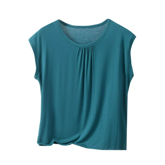 cocolona Womens Plus Size Summer Tops Crew Neck Sleeveless Front Pleated T-shirts Casual Loose Solid Color Tees Home Shirts Blouse