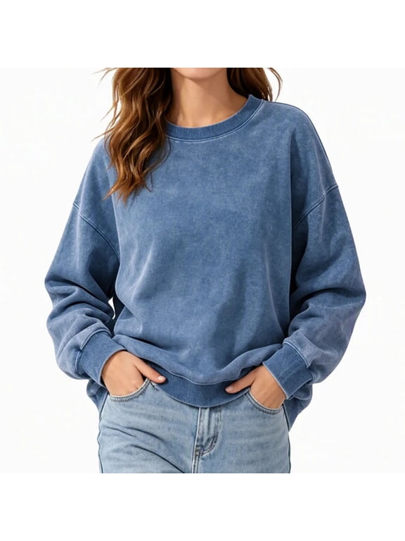 Womens Plus Size Sweatshirts Vintage Washed Long Sleeve Sweatshirts Loose Casual Drop Shoulder Pullover Fall Tops