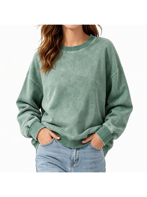 Womens Plus Size Sweatshirts Vintage Washed Long Sleeve Sweatshirts Loose Casual Drop Shoulder Pullover Fall Tops