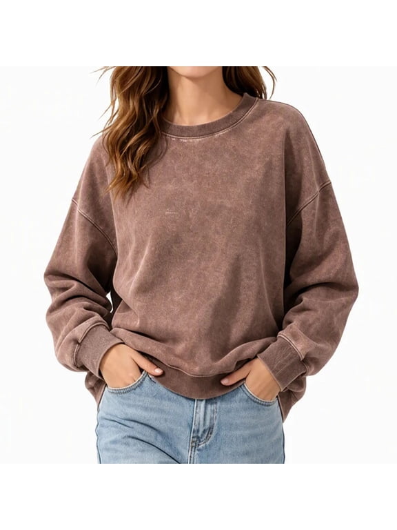 Womens Plus Size Sweatshirts Vintage Washed Long Sleeve Sweatshirts Loose Casual Drop Shoulder Pullover Fall Tops