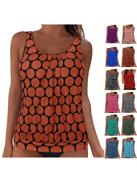 Womens Plus Size Tankini Tops Built-in Bra Bathing Suit Tops Casual Loose Polka Print Blouson Swimsuits Tops