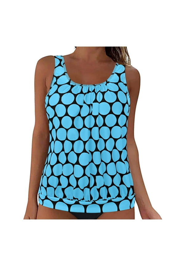 Womens Plus Size Tankini Tops Built-in Bra Bathing Suit Tops Casual Loose Polka Print Blouson Swimsuits Tops