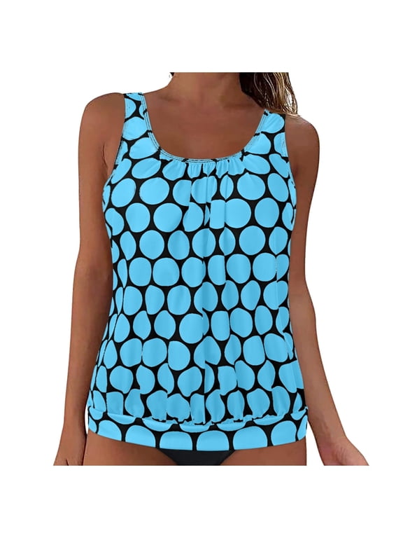 Womens Plus Size Tankini Tops Built-in Bra Bathing Suit Tops Casual Loose Polka Print Blouson Swimsuits Tops