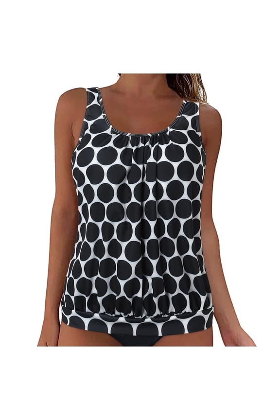Womens Plus Size Tankini Tops Built-in Bra Bathing Suit Tops Casual Loose Polka Print Blouson Swimsuits Tops