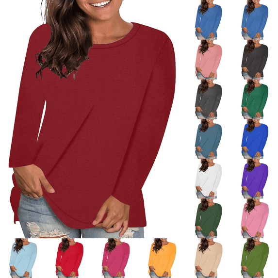 cocolona Womens Plus Size Tops Fall Casual Loose Crew Neck Long Sleeve Shirts Solid Trendy T-shirts Blouses
