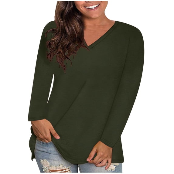 cocolona Womens Plus Size Tops Fall Casual Loose V Neck Long Sleeve Shirts Solid Trendy T-shirts Blouse