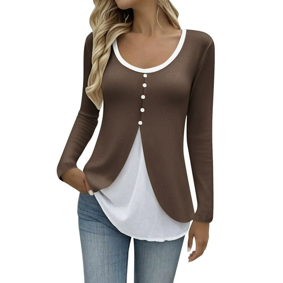 cocolona Womens Plus Size Tops Fall Long Sleeve Fake Two-piece Shirts Fashion Gradient Color Tunic Tops Dressy Casual Blouses