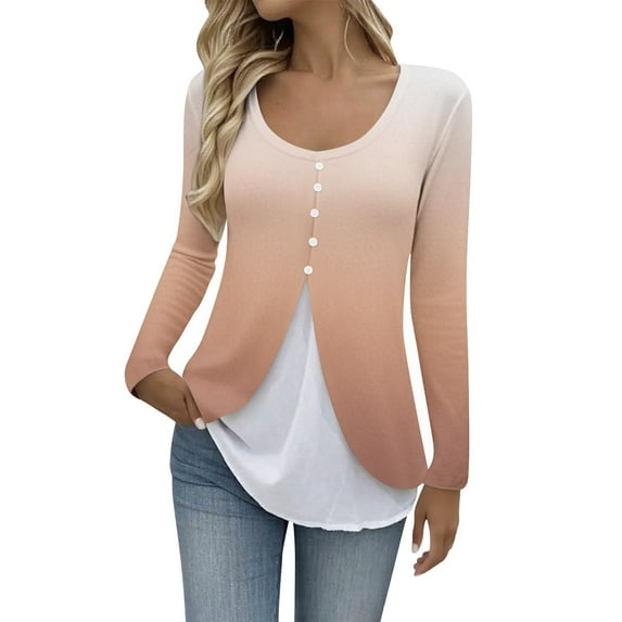 cocolona Womens Plus Size Tops Fall Long Sleeve Fake Two-piece Shirts Fashion Gradient Color Tunic Tops Dressy Casual Blouses