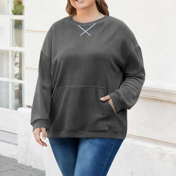 cocolona Womens Plus Size Tops Fall Winter Long Sleeve Crew Neck Shirts Oversized Pullover Sweatshirts Dressy Casual Blouses with Pockets