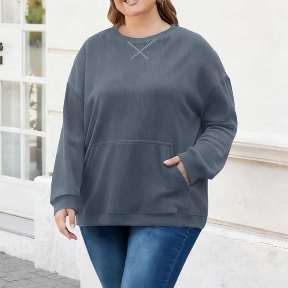 cocolona Womens Plus Size Tops Fall Winter Long Sleeve Crew Neck Shirts Oversized Pullover Sweatshirts Dressy Casual Blouses with Pockets