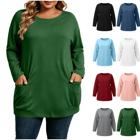 cocolona Womens Plus Size Tops Oversized Long Sleeve Crew Neck Tunic Shirts Casual Solid Color Trendy Fall Blouses with Pockets