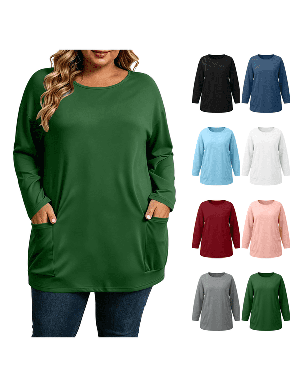 Womens Plus Size Tops Oversized Long Sleeve Crew Neck Tunic Shirts Casual Solid Color Trendy Fall Blouses with Pockets