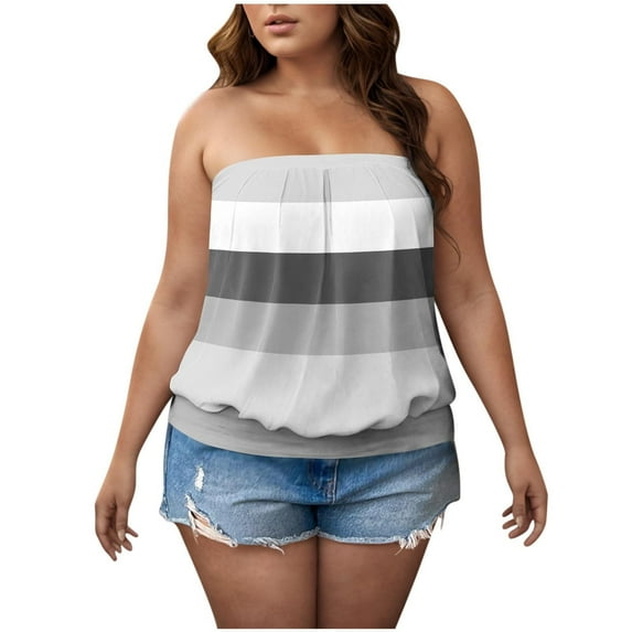 cocolona Womens Plus Size Tube Tops Summer Casual Color Block Strapless Bandeau Tank Tops Sleeveless Shirts