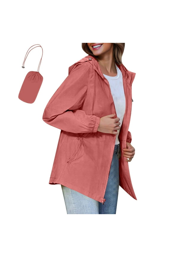 Womens Portable Waterproof Jackets Lightweight Raincoat Packaway Windbreaker Zip Up Rain Jacket with Hoodie