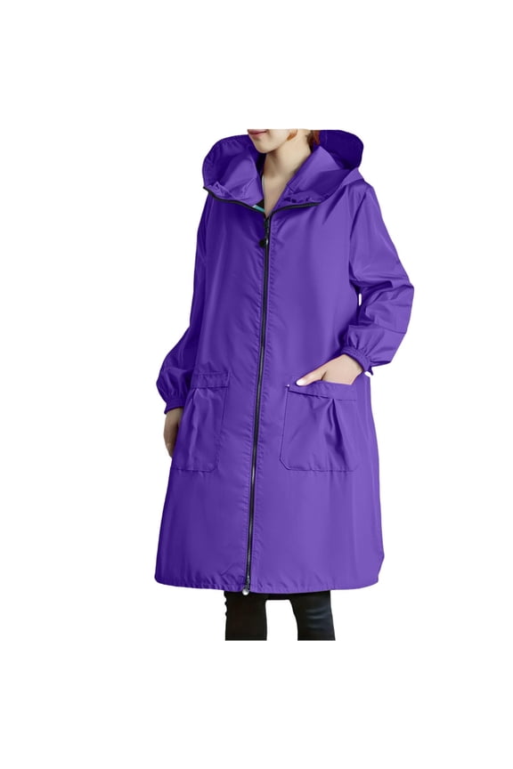 Womens Raincoat Waterproof Windbreaker Warm Long Rain Jacket Winter Outdoor Solid Hooded Coat Outwear
