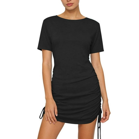 cocolona Womens Round Neck Ruched Drawstring Bodycon Mini Dress Summer Short Sleeve Slim T-shirts Dress Fashion Casual Solid Color Sun Dress