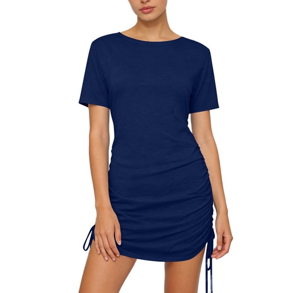 cocolona Womens Round Neck Ruched Drawstring Bodycon Mini Dress Summer Short Sleeve Slim T-shirts Dress Fashion Casual Solid Color Sun Dress