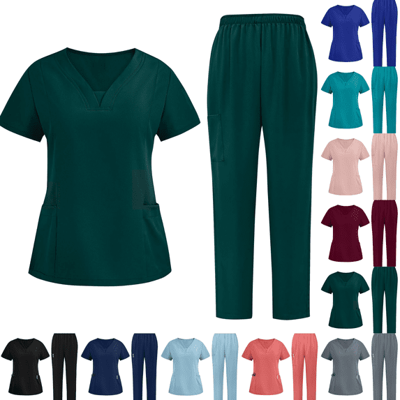 cocolona Womens Scrubs Set Short Sleeve V Neck Scrubs Tops Shirts + Straight Pants Workwear Uniform Sets Work Clothes with Pockets Green XL