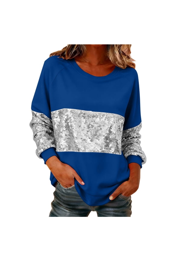Womens Sequin Tops Crew Neck Long Sleeve Patchwork T-shirts Fashion Casual Loose Tunic Tops Comfy Blouses