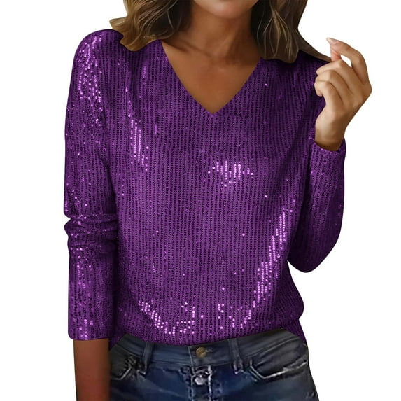 cocolona Womens Sequin Tops V-Neck Long Sleeve Sparkling Shirts Fashion Casual Loose Pullover Tops Dressy Casual Blouses