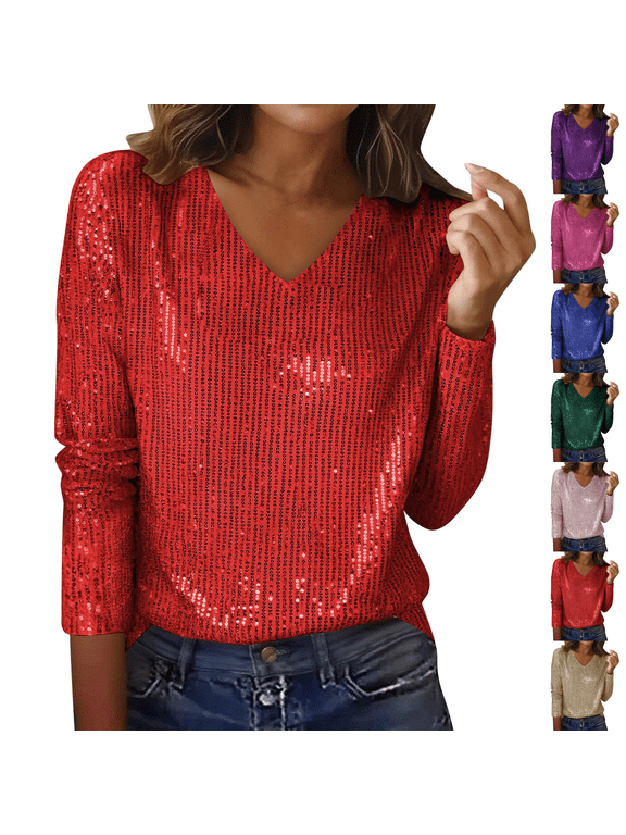 Womens Sequin Tops V-Neck Long Sleeve Sparkling Shirts Fashion Casual Loose Pullover Tops Dressy Casual Blouses