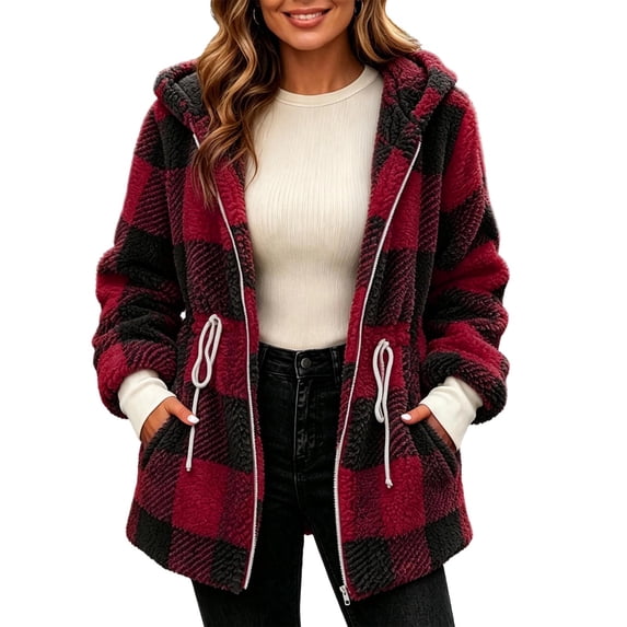 cocolona Womens Sherpa Jacket Oversized Long Sleeve Hooded Zipper Fleece Coat Fuzzy Soft Waist Cinching Winter Warm Plaid Outerwear