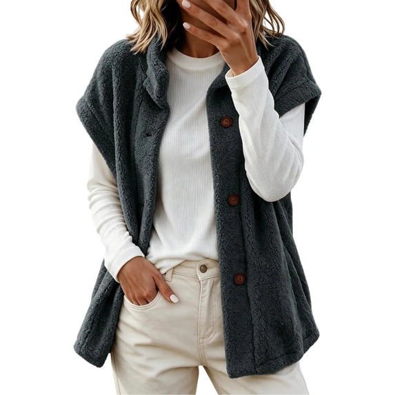 cocolona Womens Sherpa Vest Fall Winter Sleeveless Stand Collar Soft Jacket Button Front Oversized Warm Trendy Outerwear