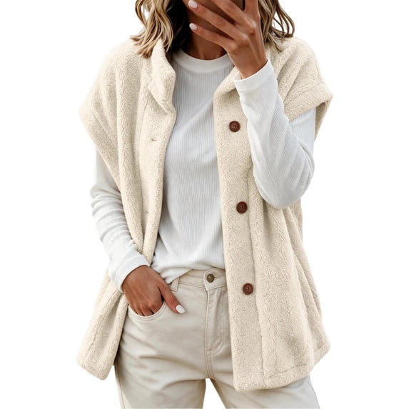 cocolona Womens Sherpa Vest Fall Winter Sleeveless Stand Collar Soft Jacket Button Front Oversized Warm Trendy Outerwear