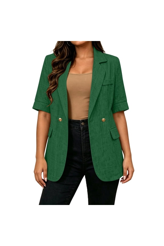 Womens Short Sleeve Blazer Open Front Lightweight Button Casual Work Suit Jacket