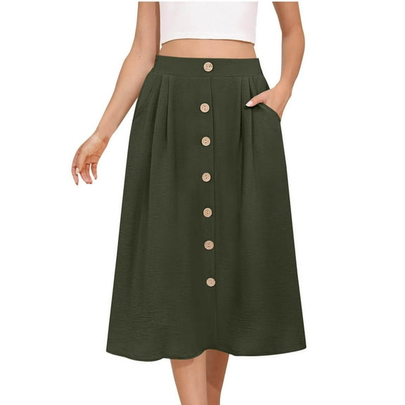 cocolona Womens Skirts for Women Summer Elastic Waist Button Pleated Flowy Midi Skirts Fashion Casual Loose Beach Vacation Skirts with Pockets Army Green XL