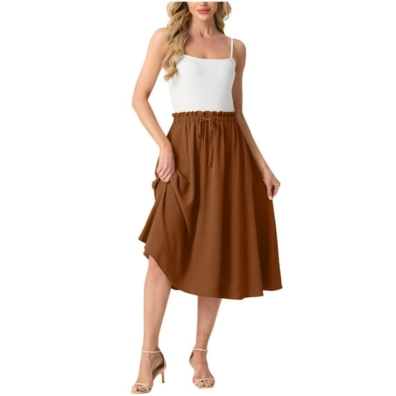 cocolona Womens Skirts for Women Summer Elastic Waist Flowy A Line Midi Skirts Fashion Casual Loose Beach Vacation Skirts with Pockets Brown L