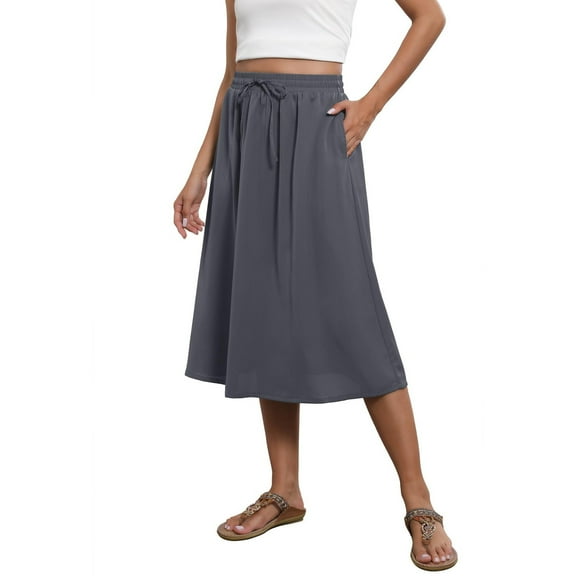 cocolona Womens Skirts for Women Summer Elastic Waist Flowy Midi Skirts Fashion Casual Loose Solid Color Beach Vacation Skirts Gray L